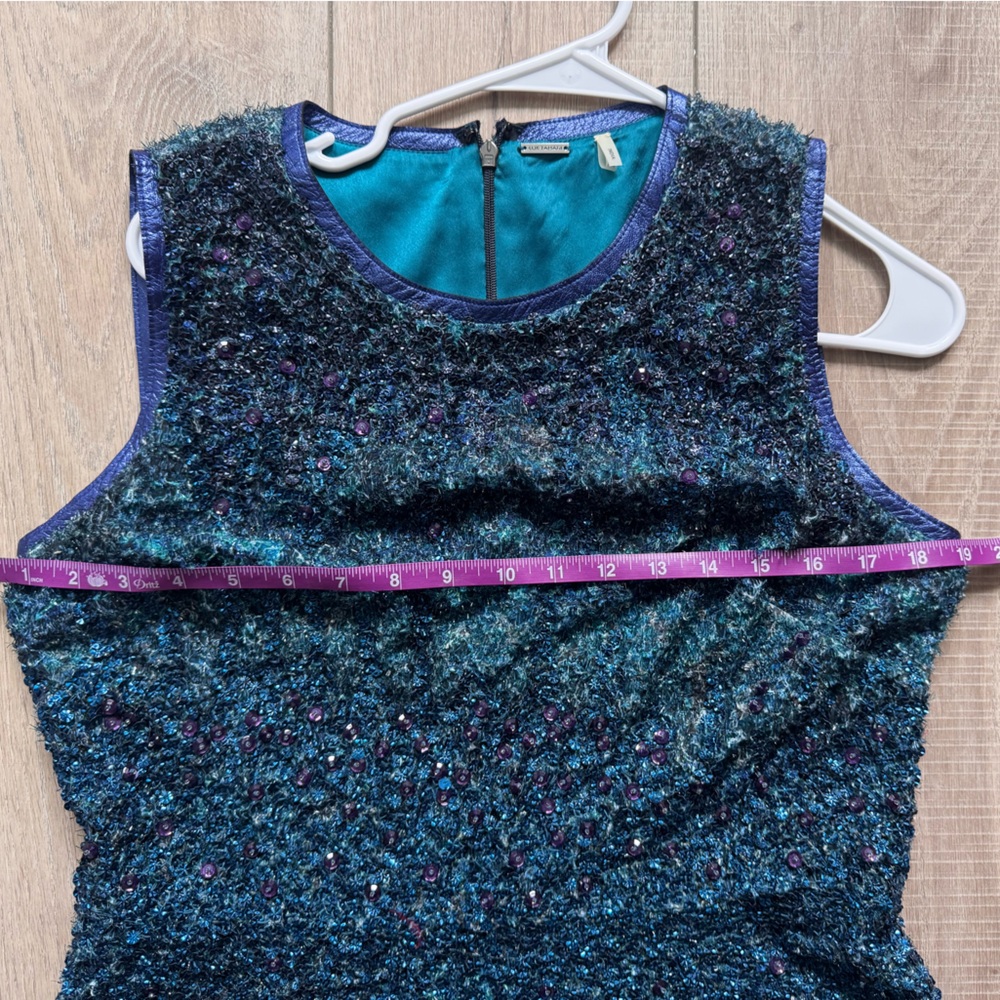 Elie Tahari Lyra Shift Dress Teal-Blue Sleeveless Feather Hem Mini Dress Luxury - Picture 8 of 11